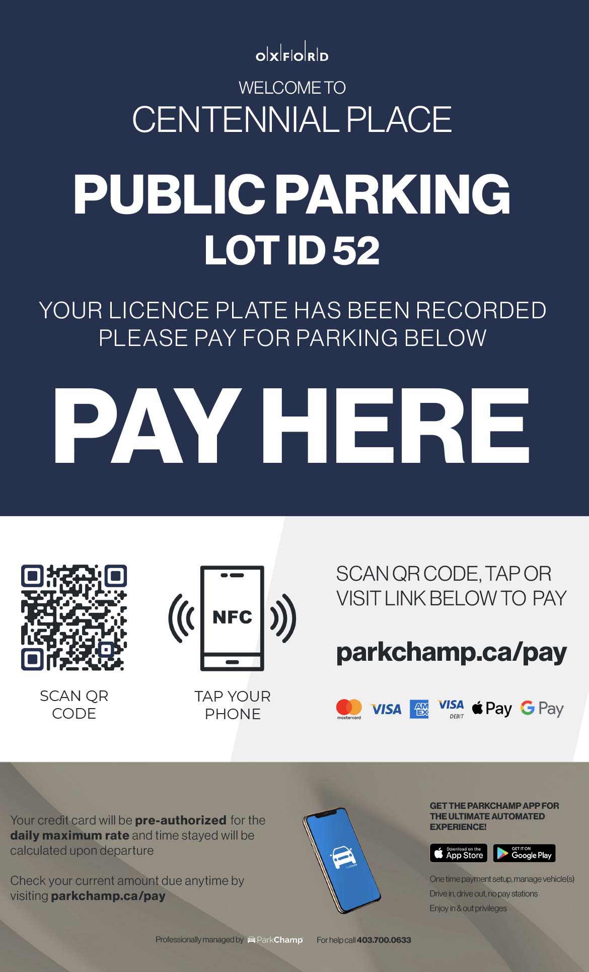 The screenshot of ParkChamp banner. It contains QR code and NFC chip which will redirect a user to a website where they can pay for the parking session