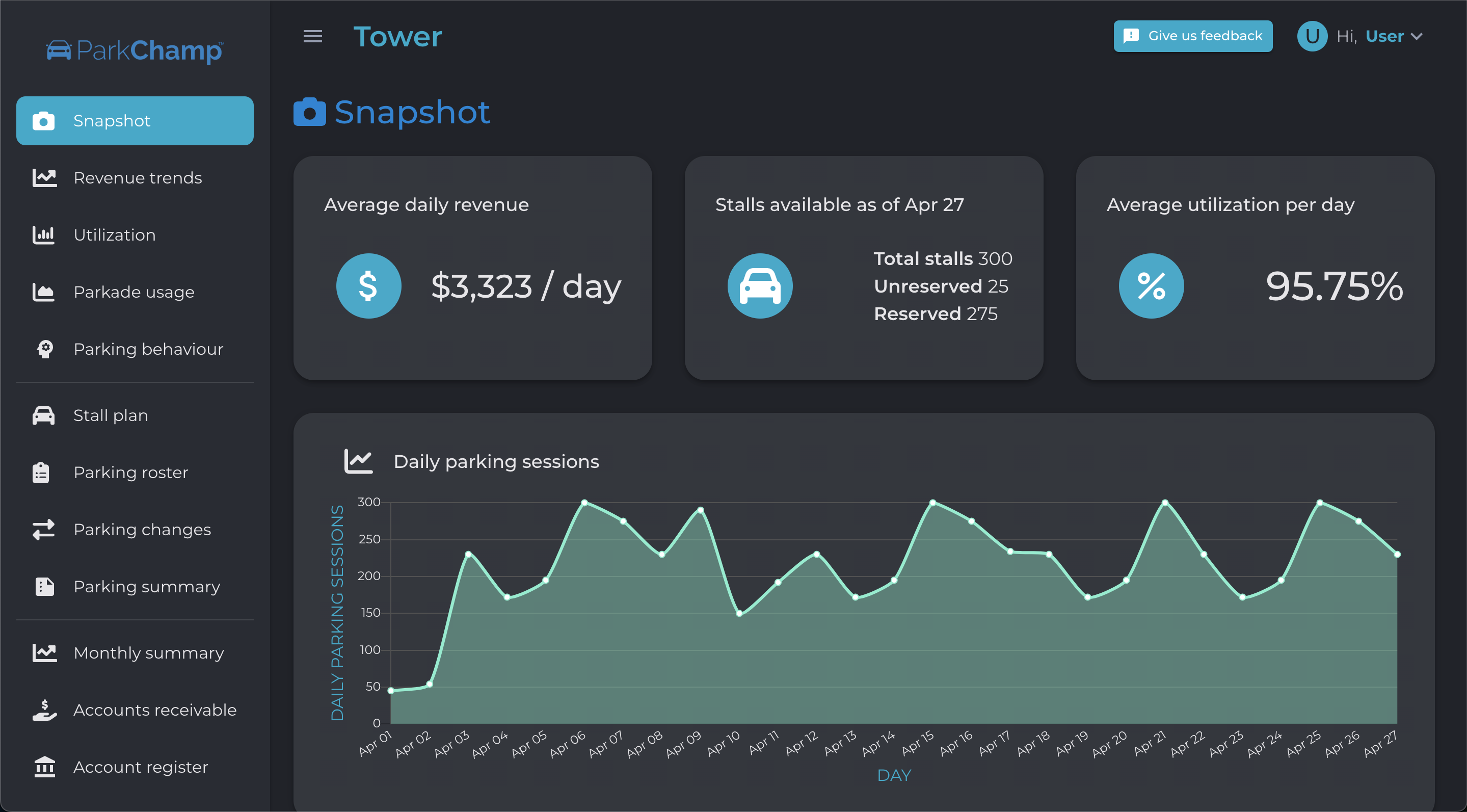 Screenshot of ParkChamp Insights Dashboard. It displays location parking data such as number of parkers, stalls, revenue etc.